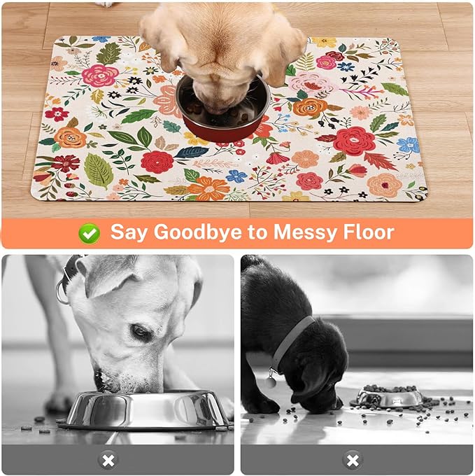 Absorbent Pet Dog Bowl Mat for Food and Water, Pet Cat Food Feeding Mat with Non Slip Rubber Backing, Dog Food Mats for Floors Waterproof, 12"x20"