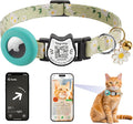 Cute Floral Breakaway Cat Collar with QR Code ID, Lightweight Cotton Safety Collar with Bell & AirTag Holder for Kittens and Cats,Pastoral Style with airtag Holder(Green)