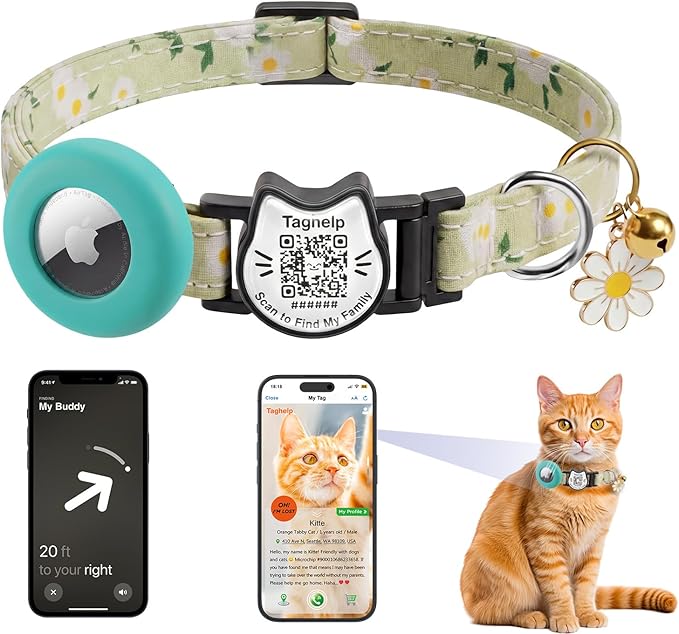 Cute Floral Breakaway Cat Collar with QR Code ID, Lightweight Cotton Safety Collar with Bell & AirTag Holder for Kittens and Cats,Pastoral Style with airtag Holder(Green)