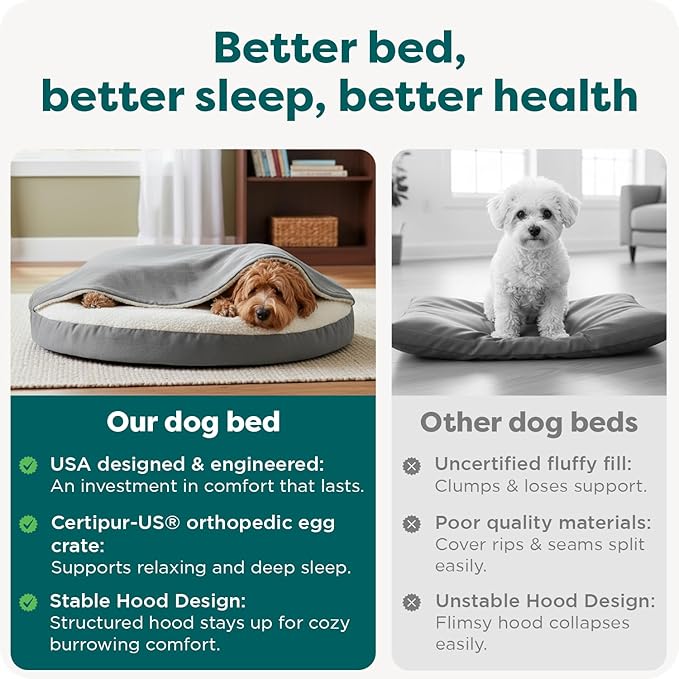 FurHaven Round Orthopedic Dog Bed for Medium Dogs, Egg Crate with a Solid Orthopedic Foam Base with Attached Blanket Hood and Removable Washable Cover, Medium, Sherpa & Suede Snuggery, Espresso
