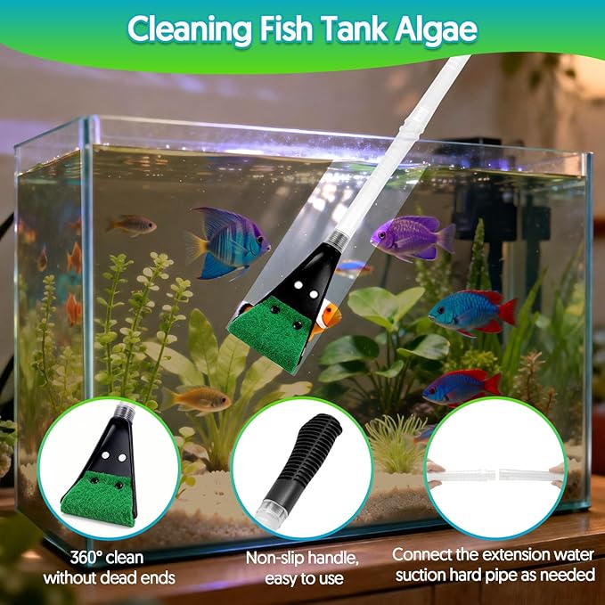 Fish Tank Cleaner Gravel Vacuum for Aquarium Water Changer Aquarium Siphon with Double Sided Sponge Brush Algae Scraper Fish Tank Cleaning Kit for Cleaning Gravel & Sand (Black)