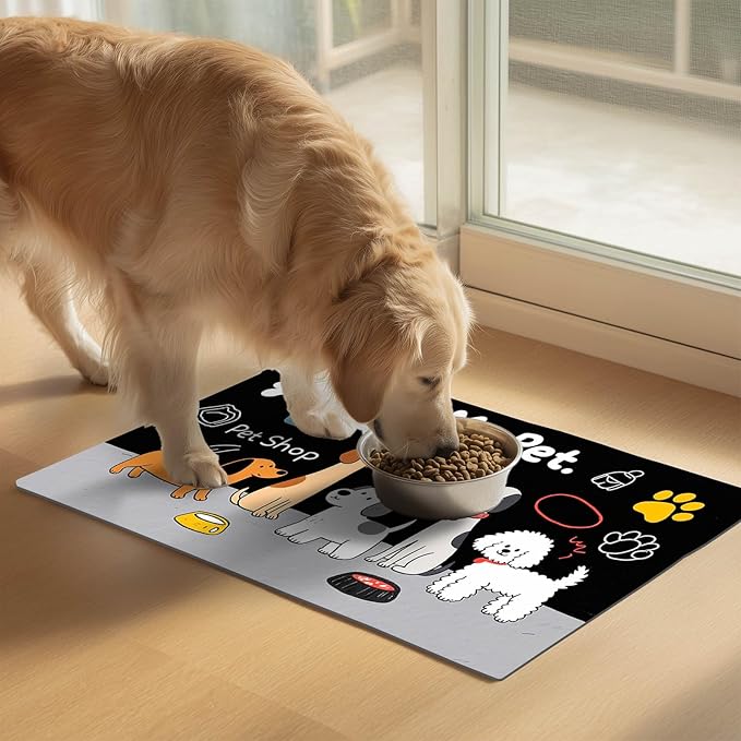 Funning My Pet Dog Pattern Dog Feeding Mat Pet Food Mat for Dogs and Cats Cute Puppy Design Pet Bowl Mat with Bone Paw and Non Slip Cat Feeding Mats for Home Kitchen Floor 20" x 12"
