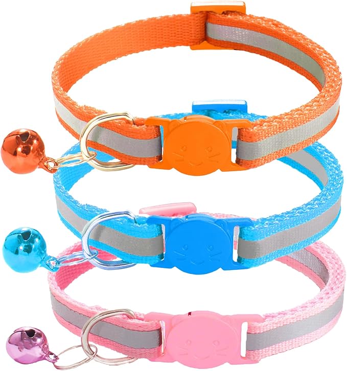 3 Pack Reflective and Breakaway with Bells of Cat Collar，Adjustable from 7.5 to 12.5 Inches, Ideal of Kitten Collar, Suitable for Girls and Boys (Orange/SkyBlue/Pink)