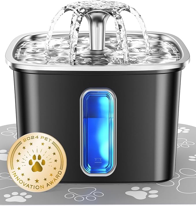 Veken Innovation Award Winner Stainless Steel Cat Water Fountain, 108oz/3.2L Automatic Pet Fountain Dog Water Dispenser with Replacement Filters & Silicone Mat for Cats, Dogs (Space Black)