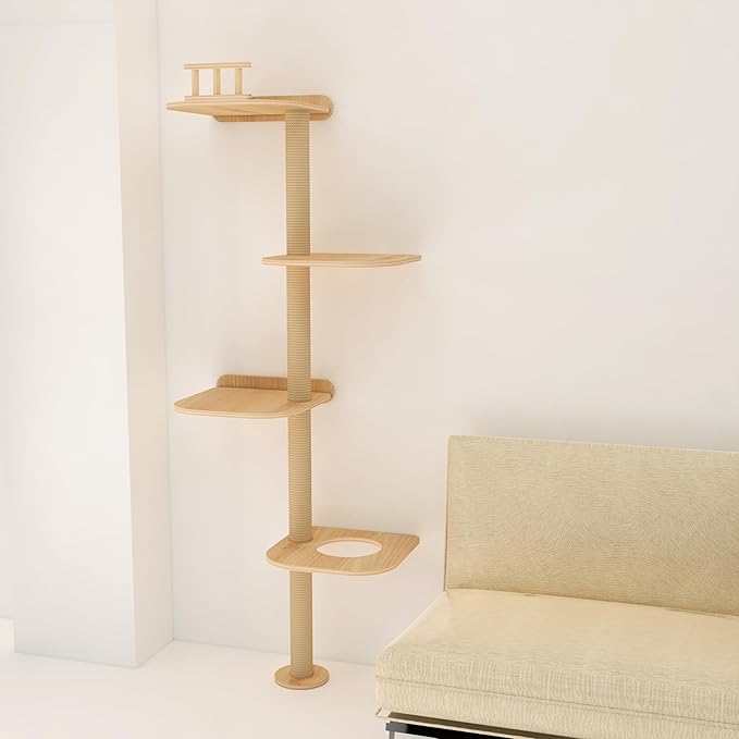 Wall-Mounted Tall Cat Tree Cat Scratching Post, Space Saving Floor to Ceiling Cat Tower, Natural Wood Cat Wall Shelves, Corner cat Jumping Platform cat Bed,Suitable for Large Cats