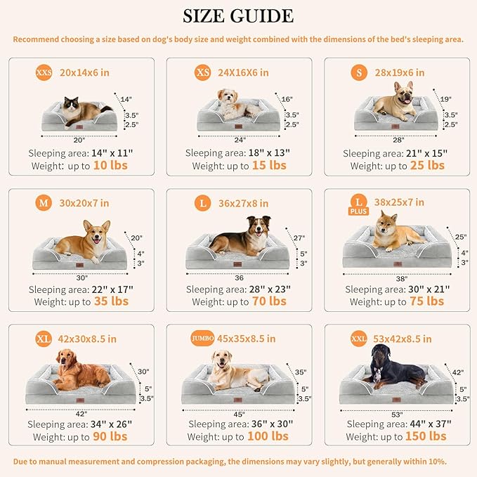 Comfort Expression Orthopedic Dog Bed for Extra Large Dogs 53x42 Inch, Waterproof Egg Crate Foam XXL Pet Bed with Removable Bolsters, Dog Couch with Washable Cover & Non-Slip Bottom, Grey White