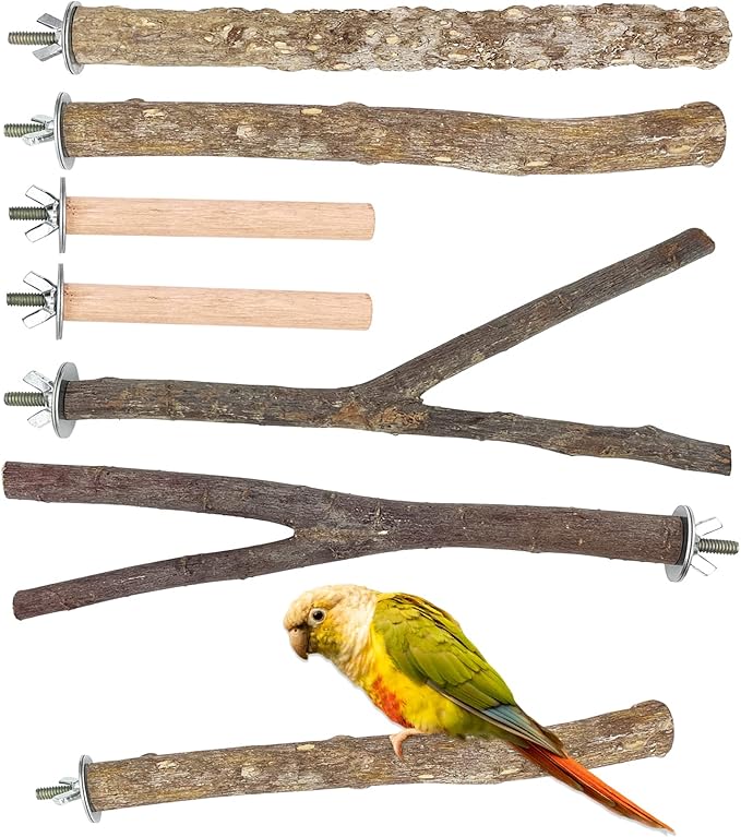 6 PCS Natural Wood Bird Perches Set, Parrot Stand Fork Toys, Hanging Multi-Branch Perch Bird Cage Accessories for Small Parakeets, Conures, Cockatiels, Budgies, Finches, 3 Types