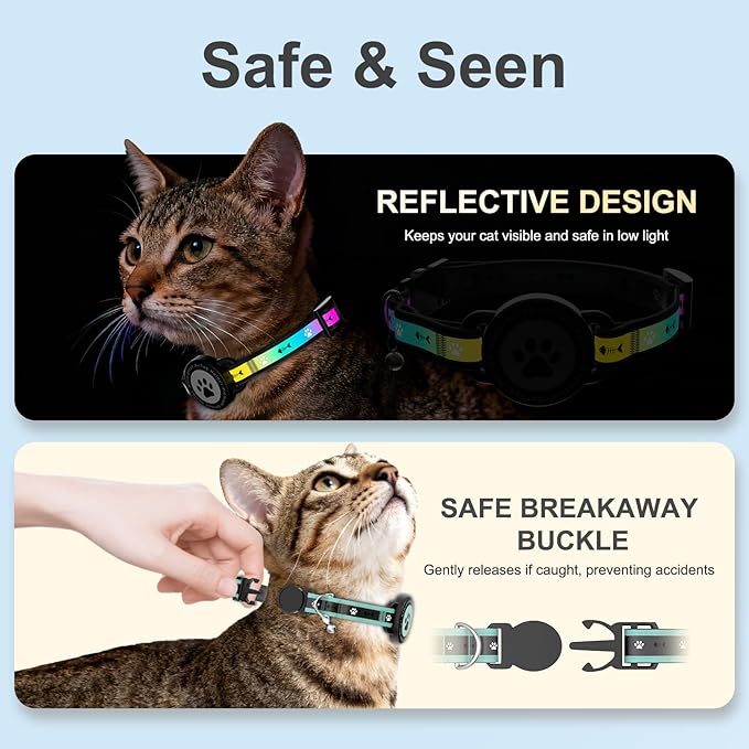 Airtag Cat Collar Breakaway, Reflective Cat Collar with AirTag Holder and Bell, Compatible with Apple Air Tag, Comfortable Padding, Adjustable, Durable (Turquoise, S)