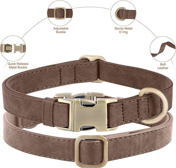 Genuine Leather Dog Collar - Adjustable Pet Collar with Quick Release Metal Buckle, Soft Skin Friendly Real Leather Collar for Small, Medium, Large Dogs (Dark Brown, L：Fit 15-23" Neck)