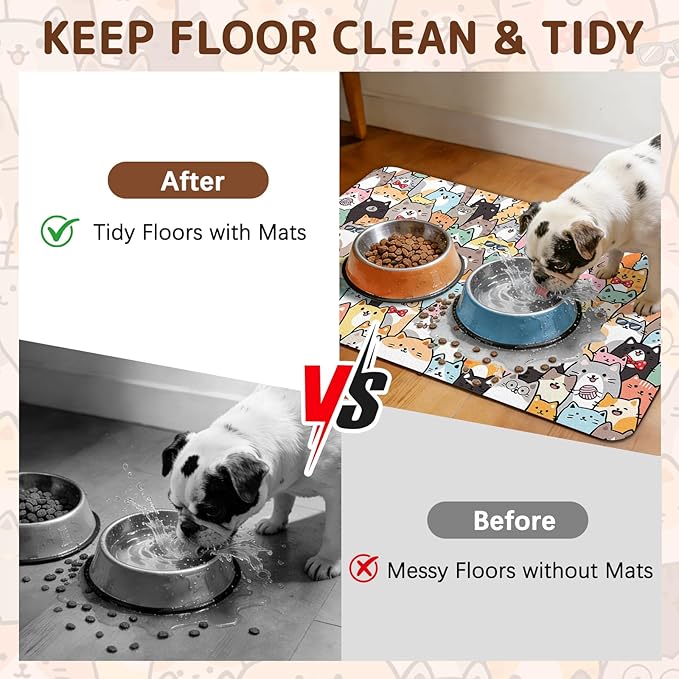 Dog Food Mat for Bowls, Absorbent Quick Dry Dog Cat Mats for Food and Water, Non-Slip Backing Pet Mat Pet Supplies - Cat Pattern