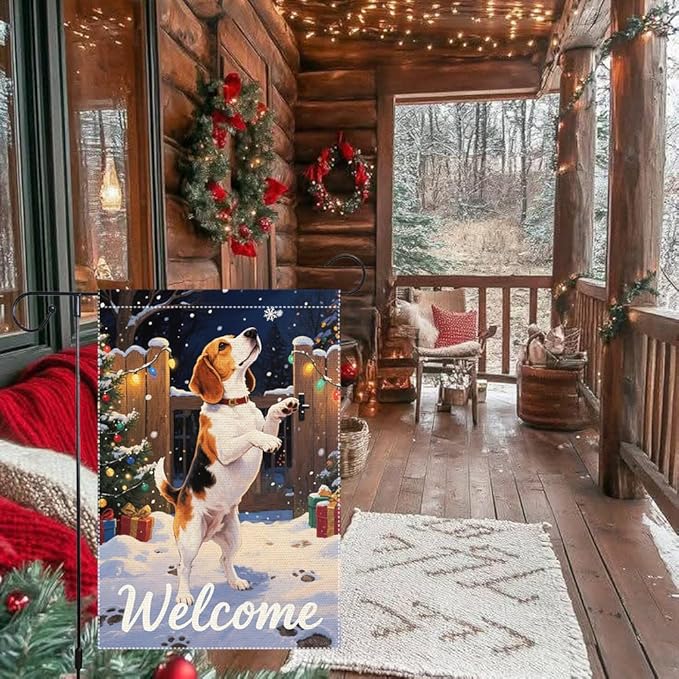 Beagle Dog Welcome Garden Flag 12x18 Inch Double Sided Christmas Burlap Yard Banner for Winter Holiday Outdoor Decor Farmhouse Seasonal Pet Decoration