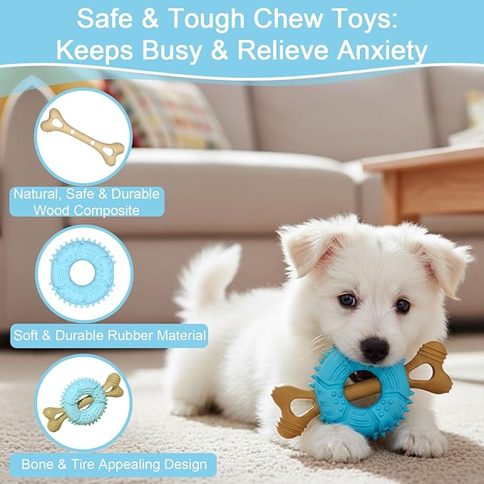 Dog Chew Toys, Indestructible Dog Toys for Aggressive Chewers - Small & Medium Breed, Durable Rubber Chew Bone Toy for Small Dogs, Tough Tire Dog Toy, Puppy toys for Teething, Anxiety & to Keep Busy