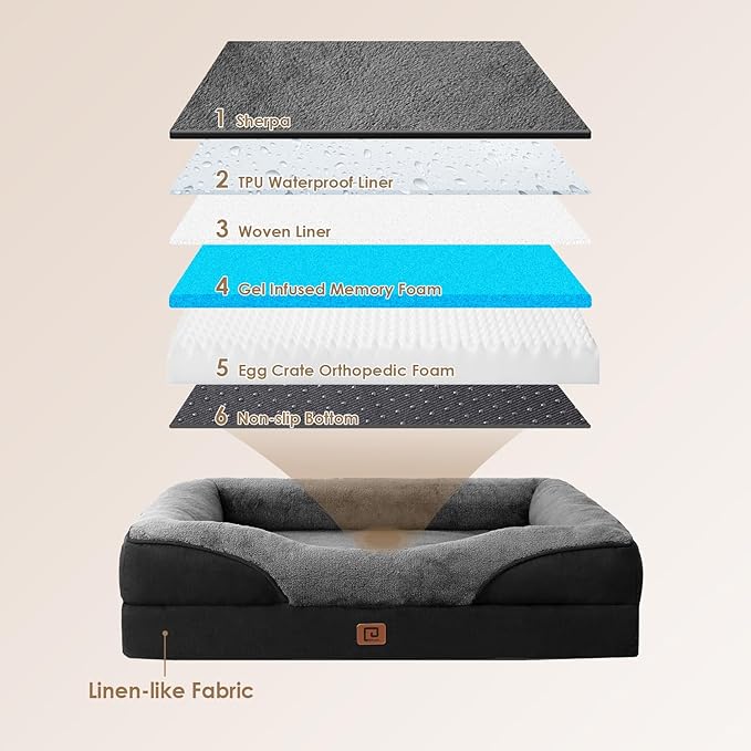 EHEYCIGA Orthopedic Dog Bed for Medium Dog, 30x20x6.5 Inch Memory Foam Dog Couch Bed with Sides, Waterproof Liner & Washable Removable Cover, Bolster Pet Sofa, Grey/Black