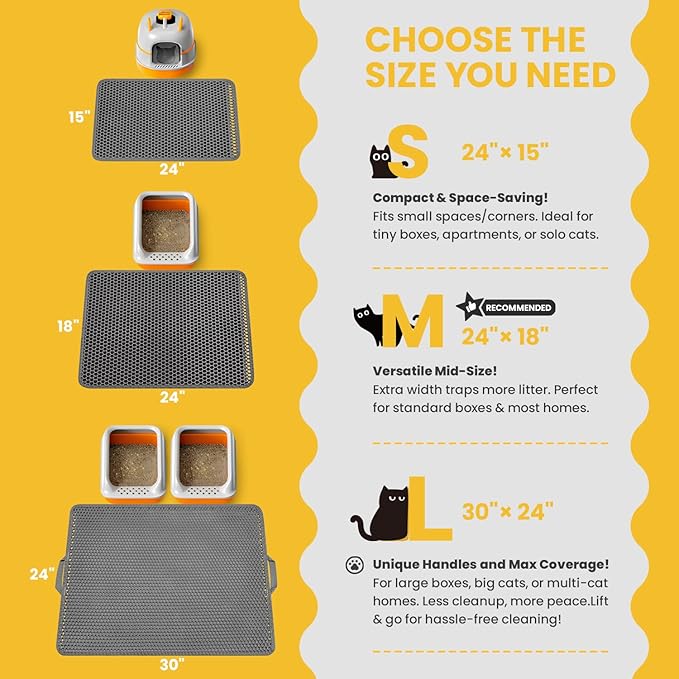 Cat Litter Mat-30"X24" Jumbo Litter Trapping Mat EVA Honeycomb,Urine & Waterproof Scatter Control Matt for Cat With Handle Design Easier To Clean, Less Waste, Soft On Paws, Gray