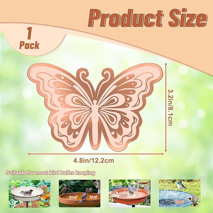 Bird Bath Copper Disk, 0.6mm Reinforced 99.9% Pure Copper Cleaning Disk for Physical Clean Water, All-Season Use Cleaner for Outdoor Birdbaths Bowl Garden Fountain (Butterfly 1PC)