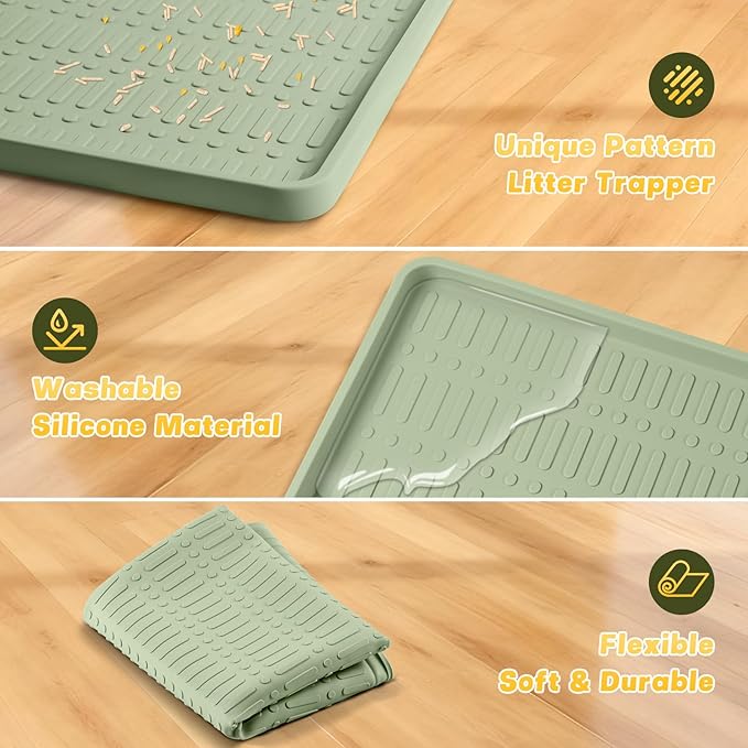 47" x 35" Silicone Cat Food Mat, Waterproof Pet Feeding Mat with Raised Edge, Extra Large Cat Bowl Mat Water Bowl Placemats for Cats, Non-Slip, Protects Floors, Easy to Clean (Light Green)