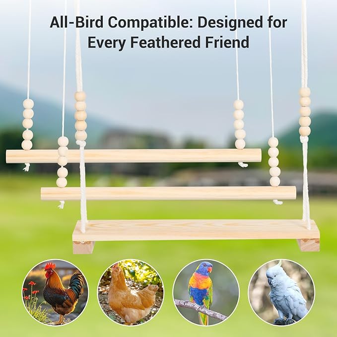 Chicken Swing,3PC Natural Wood Chicken Toys for Coop,Easy Install Chicken Perch, Fun Poultry Toys for Hens, Roosters&Birds