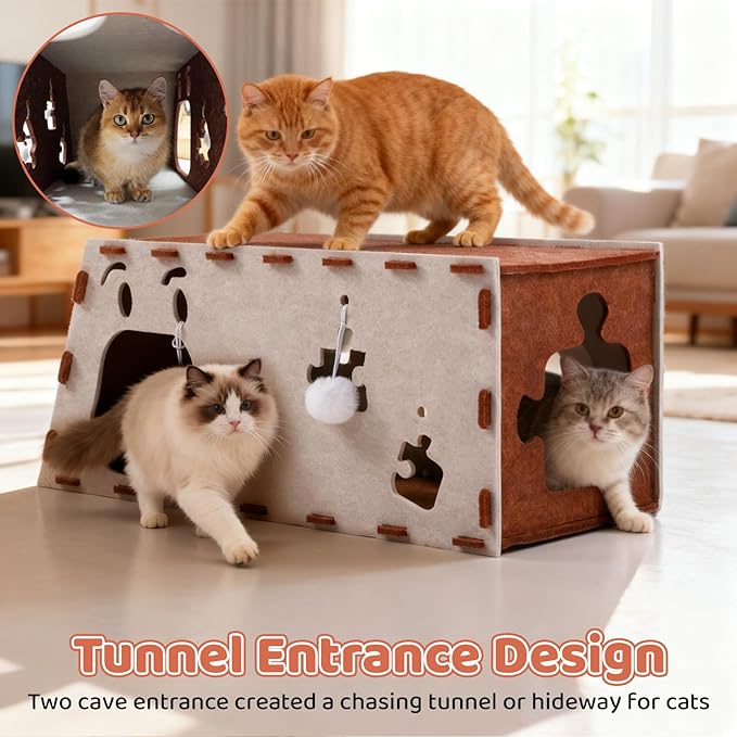 Large Felt Cat Cave & Tunnel with Hanging Balls, Built-in Scratcher - Modular Peekaboo Cat Hideaway House for Large Breed Cats, Stackable Play & Rest Bed