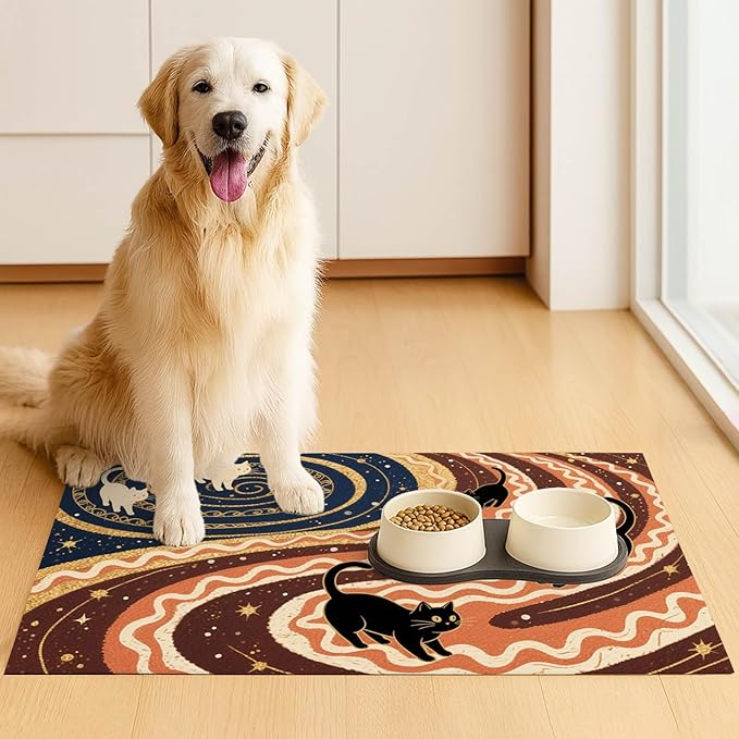 Pet Feedings Mats 20x12 inch Black Cat Design Pet Bowl Placemat Non Slip Mat for Cats Food and Water Indoor Kitty Feeding Station Artistic Cats Meal Mat for Small Pets Kitchen Floor Use
