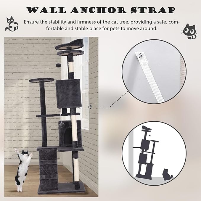Heavy Duty Cat Tree Tower, 70" Tall Cat Tower for Indoor Cats with Cat Scratching Post with Bed, Cat Condo, Hanging Ball, Multi-Level Cat Climbing Tower Cat Trees Furniture Activity Center, Light Grey