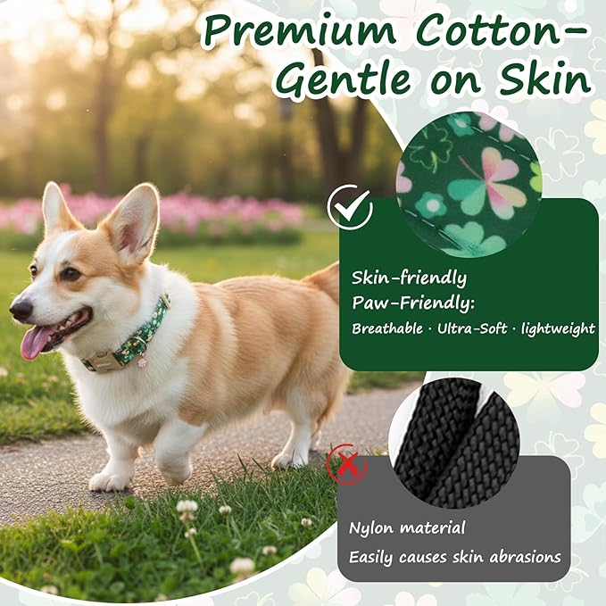 St. Patrick's Day Dog Collar,Green Clover Lucky Shamrock Puppy Collar,Adjustable Spring Cotton Collars Gifts for Small Medium Large Dogs,Dog Accessories M