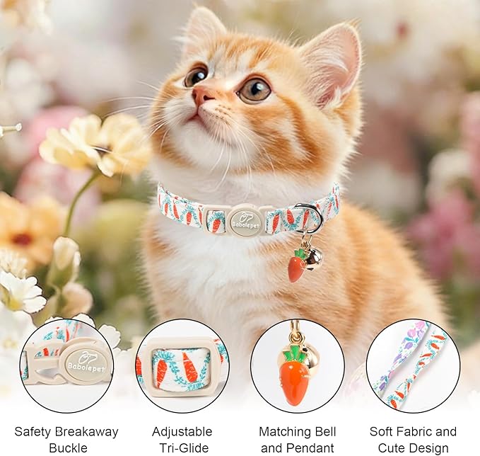 2 Pack Cute Cat Collars - Playful Carrot & Floral Printe Soft Breakaway Cat Collar with Bell & Matching Pendant, Adjustable Spring Summer Kitten Collars for Boy Girl Cats