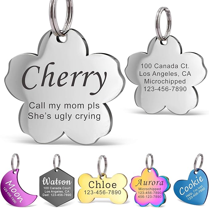 Anavia Personalized Pet ID Tags, Stainless Steel Glossy Laser Engraved Dog Cat Collar Name Tags, Multiple Colors Shapes Sizes (Cherry Blossom, Small)
