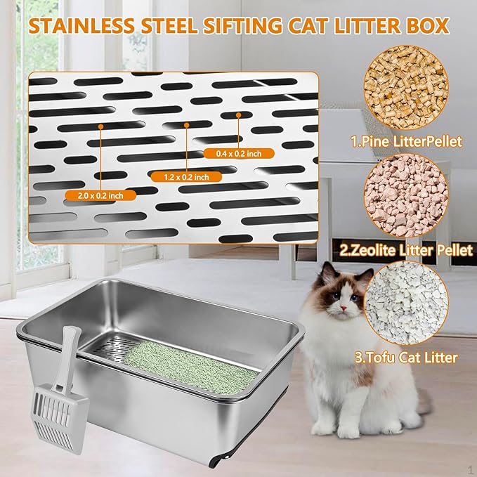 23.5" x 15.7" x 8" Stainless Steel Sifting Litter Box for Pine Pellets, XXL Large Pull-Out Cat Litter Box for Big Cats with High Sides, Metal Cat Litter Pan with Plastic Scoop &10 Urine Pads