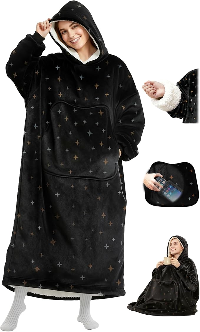 Mewaii Wearable Blanket Hoodie for Adults, Warm Sherpa & Soft Flannel Long Sweatshirt with Giant Pocket, Cozy Gifts for Women