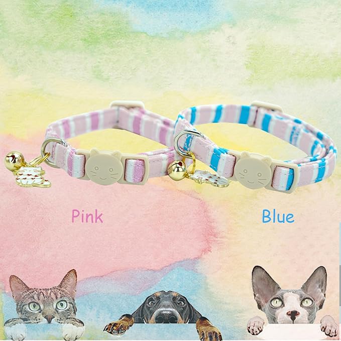 Elegant little tail 2 Pack Cat Collar-Pink Strip Cotton Breakaway Cat Collars with Bell Pendant Kitten for Girl Safety Adjustable Collar for Small Cats Puppy