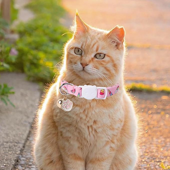 Unique Style Paws Pink Cat Collar,Breakaway Cat Collar with Bell & Pendant,Adjustable Cat Collar for Girl Boy Cats,Ideal Gift for Kitten