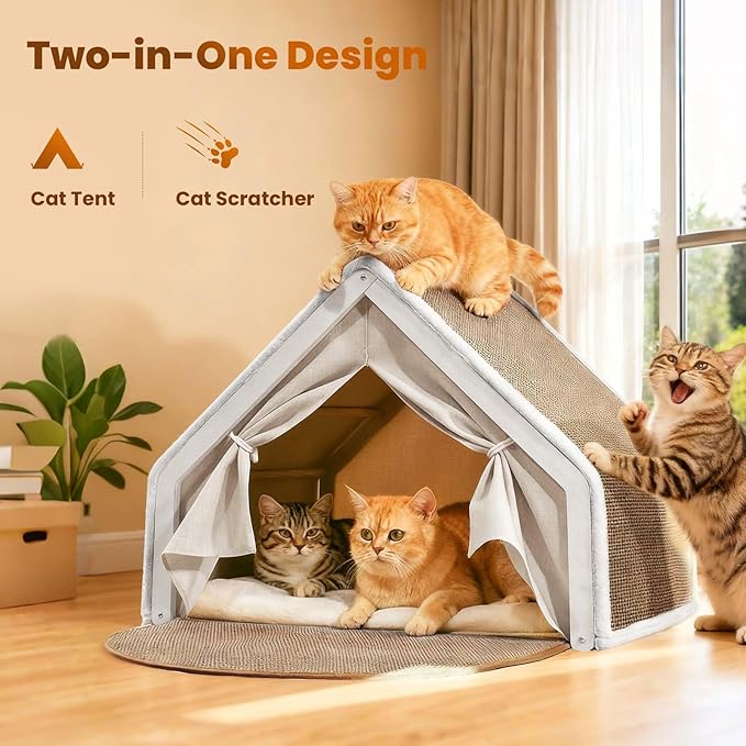 Cat Houses for Indoor Cats - 4 Seasons Cat Bed Cave with Natural Sisal Cat Scratcher Mat, Solid Wood Frame Cat House with Curtains and Cat Floor Scratching Pad Rug, Protect Couch and Carpets, M