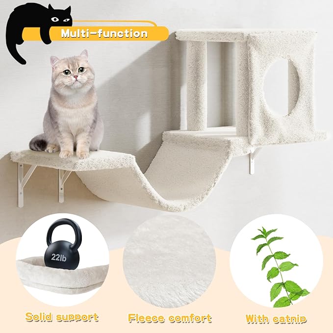 6-in-1 Cat Wall Shelves, Wooden Climbing Wall with Scratching Post, Wall Mounted Cat Furniture for Climbers, Space-Saving Cat Wall for Play & Rest, Drywall & Solid Walls