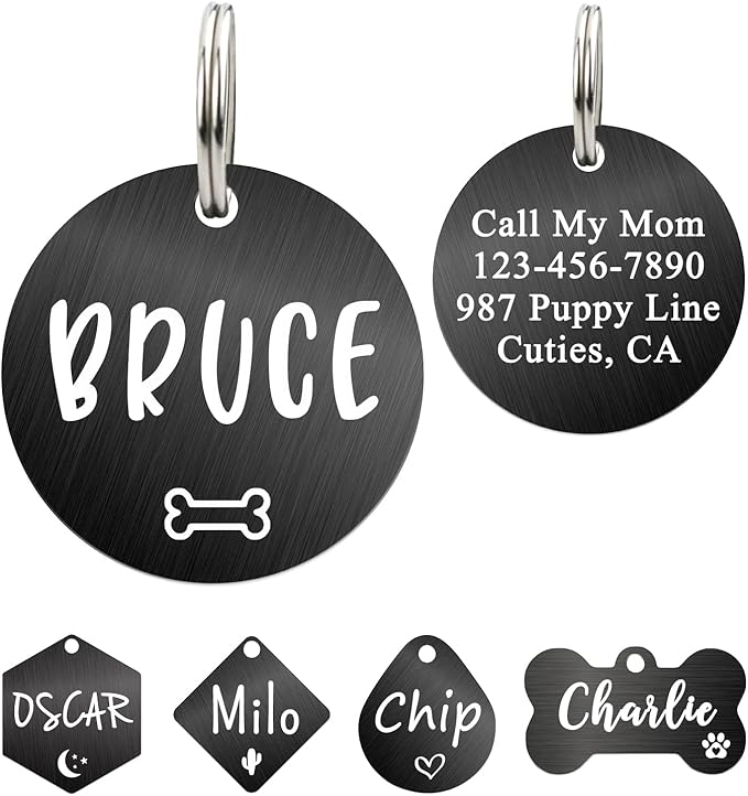 Ultra Joys Dog ID Tag, Custom Dog Tag Personalized Cat Tag, Pet ID Tag, Brushed Stainless Steel Round Dog Tag Black Large