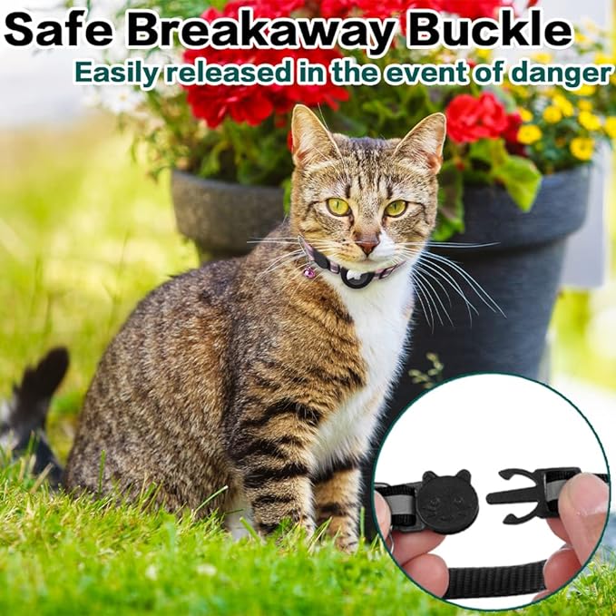 Airtag Cat Collar Breakaway, Reflective Kitten Collar with Apple Air Tag Holder and Bell for Girl Boy Cats, 0.4 Inches in Width and Lightweight(Black)