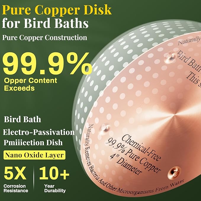 8 Pcs Bird Bath Copper Disk, 0.6mm Thick Reinforced 99.99% Pure Copper Birdbath Purification Disk, with 4 Point Support for Outdoor Birdbaths Bowls Cleaner, 4 Inch (Classic)