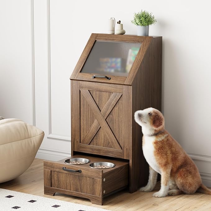 Dog Feeding Station with Storage Cabinet and 2 Elevated Dog Bowls, Hidden Pet Food Storage Organizer for Dog &Cat,Modern Dogs Furniture (Walnut)