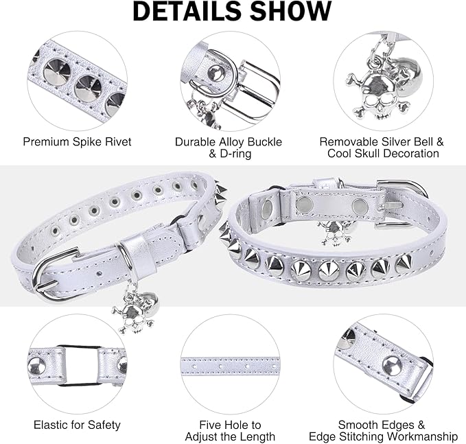 Leather Cat Collars for Boy Girl Cats with Bell and Safety Elastic Belt, Personalized Rivets Stud Adjustable Safe Buckle Collar with Skull Charm for Kitty Small Pets, Halloween Cat Collar