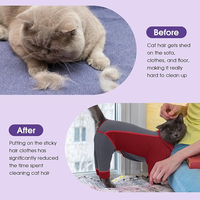 SUNFURA Hair Sticky Cat Clothes, Cat Sweater for Cats Only, 4-Legged Fleece Sweaters Kitten Pajamas Reduce Shedding Fur, Warm Pullover Shirts for Cats, Red M