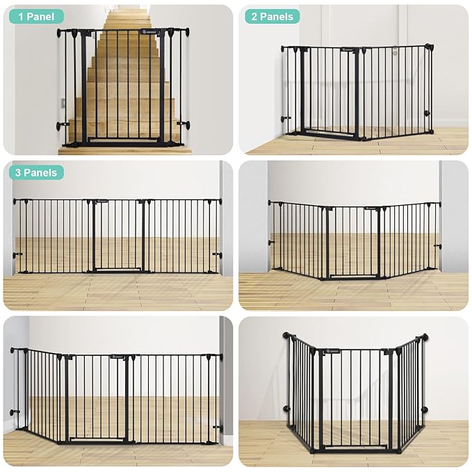 COMOMY 80" Extra Wide Baby Gate, Dog Gate for House Stairs Doorways Fireplace, Auto Close Pet Gate with Door Walk Through, 3 Metal Panels, Hardware Mounted Baby Fence Indoor Outdoor(30" Tall, Black)