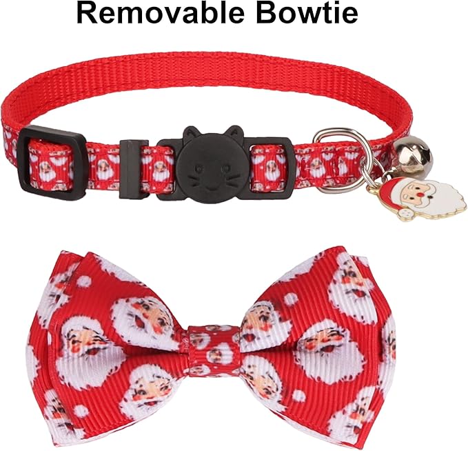 ADOGGYGO Christmas Cat Collar with Bowtie Bell, Removable Kitten Bow, 2 Pack Red Green Santa Snowman Christmas Collars for Cat Kitten