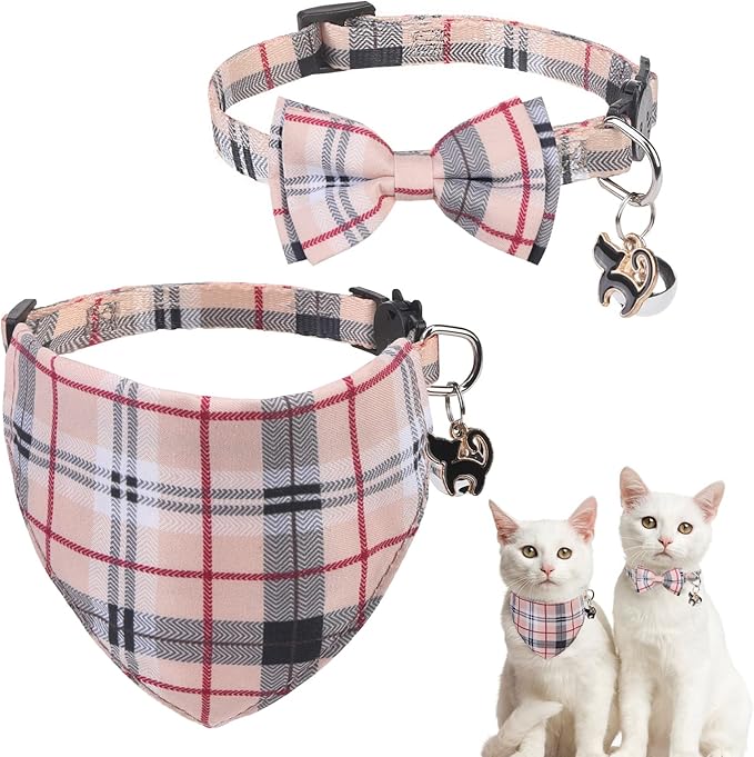 SCENEREAL Plaid Cat Collar with Bow Bandana - 2 Pack Breakaway Kitten Collar with Removable Bowtie Bell, Adjustable Cute Cat Collar for Cats Kittens, Beige