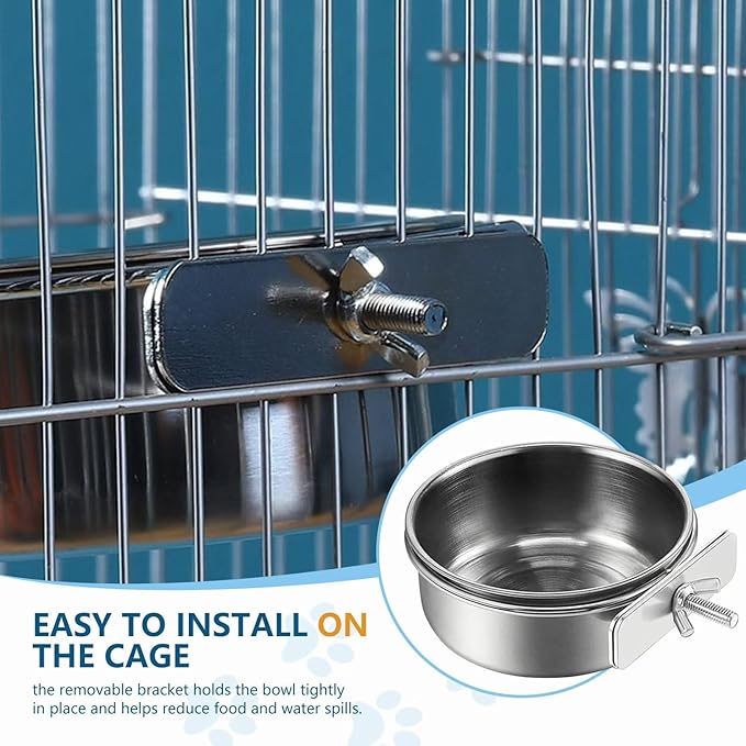 2Pcs Stainless Steel Bird Feeding Bowls, Small Bird Feeding Cup, Stainless Steel Parrot Food Bowl Cage with Holder, Parrot Cage Water Feeder, Pet Cage Cup Holder (Dia 3.93", 5.51",)