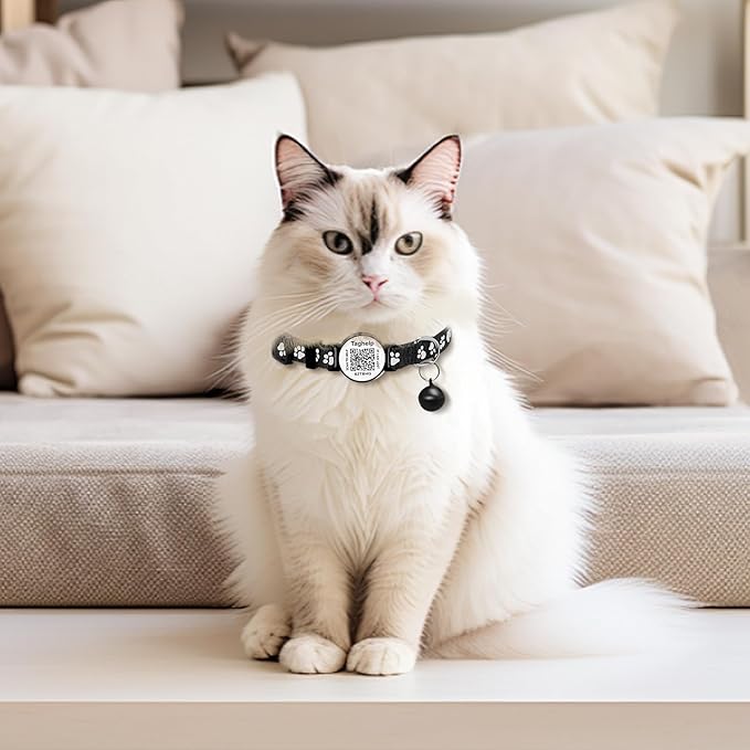 Peace of Mind Cat Collar 2-Pack: QR Code Tag with Permanent Online ID + Breakaway Reflective Collar, Scan for Immediate Contact if Lost (Pink & Black)