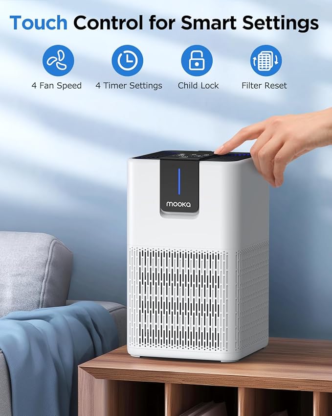 Air Purifiers for Home Large Room 1250 Ft²,MOOKA H13 HEPA Air Purifier for Pets Dust Odor Smoke,Aromatherapy Function,Air Cleaner with 15dB Quiet Sleep Mode for Bedroom Office Living Room,M05,White