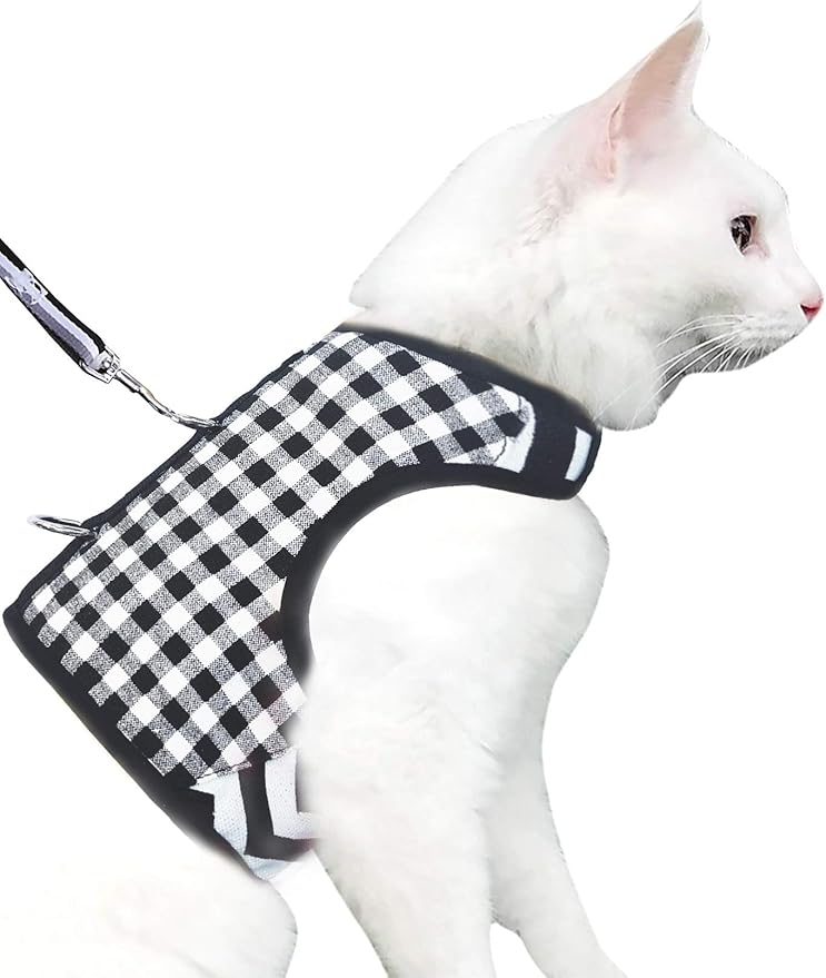 Cat Harness and Leash for Walking Escape Proof, Adjustable Cat Vest Harness, Padded Stylish Cat Walking Jackets, Black Plaid, Small