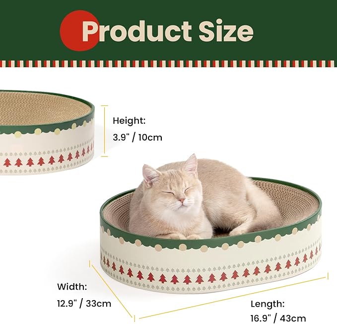 Cat Scratcher Bed, 2 in 1 Oval Cat Scratching Board for Indoor Kitty Scratch Pad Corrugated Cardboard Lounge Bowl Nest Couch Sofas for Kittens, Includes Cat Toy, Christmas