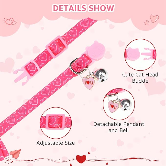 SCENEREAL Valentine's Day Cat Bandana Collars with Bell Bowtie - 2 Pack Breakaway Pink Kitten Collars, Adjustable Cute Love Heart Pet Accessories for Cats Small Dogs