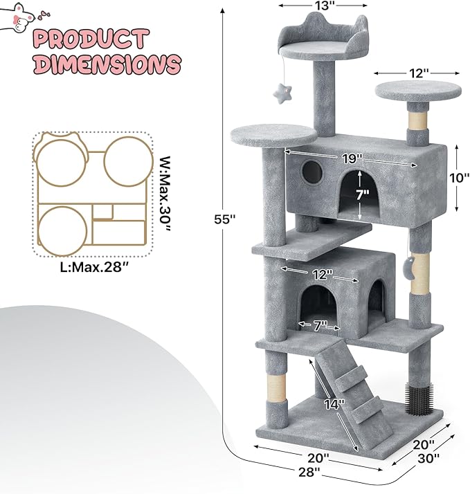 MoNiBloom 54 Inch Cat Tree Tower for Indoor Cats Large Adults, Cat Tower with Scratching Post, Multi-Level Furniture Activity Center with Cat Condo Pet Play House, Light Grey