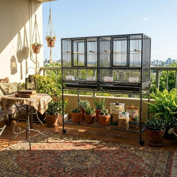 IDEALHOUSE 41" Divided Breeding Flight Bird Cage with Detachable Rolling Stand, Breeder Cage with Perches, Food Boxes, Slide-Out Tray and Storage Shelf, Birdcage for Parakeet Finch Cockatiel Lovebird